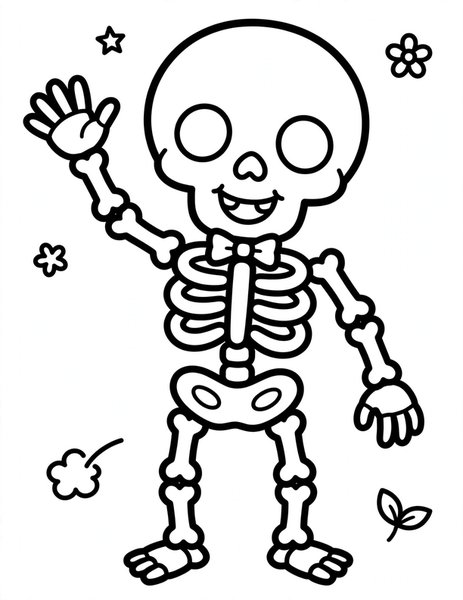Skeleton Waving Hello coloring page: A friendly skeleton waves hello.
