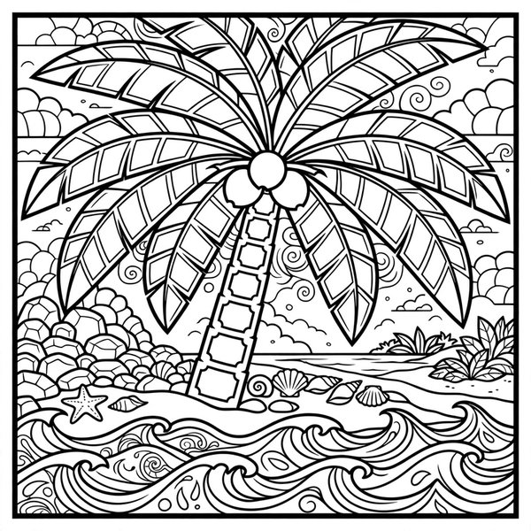 Palm Tree coloring page: A palm tree with bold frond panels on a beach.
