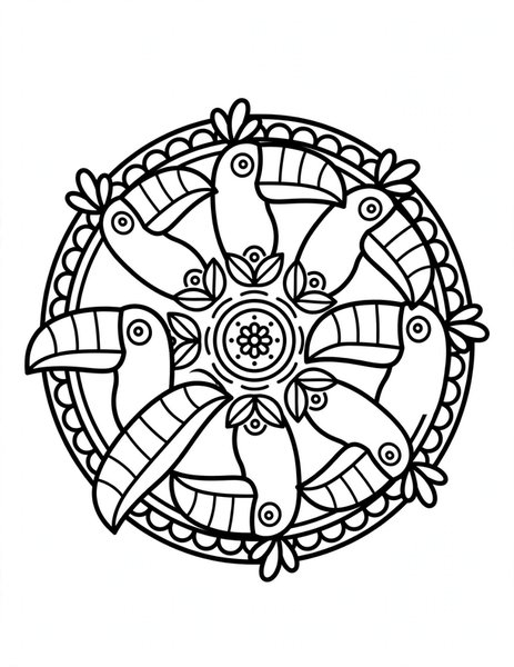 Toucan Beak Mandala coloring page: Giant beaks grin in a ring.