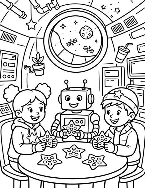 Galaxy Bingo coloring page: Friends play bingo with star cards at game night on a space station.