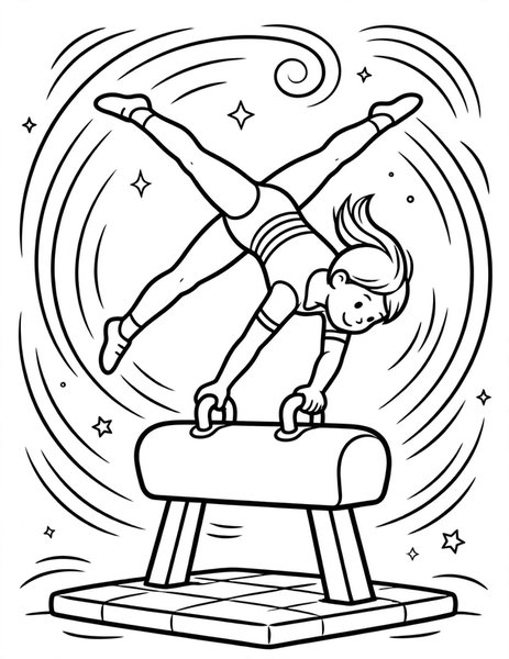 Pommel Horse coloring page: A gymnast swings circles on the pommel horse.