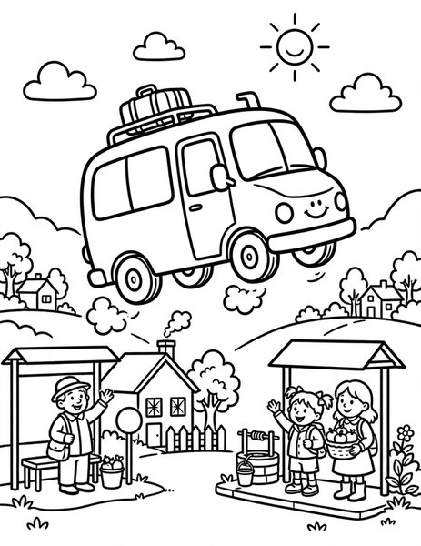 Minibus Hop coloring page: A little minibus hops between village stops, picking up friendly neighbors.