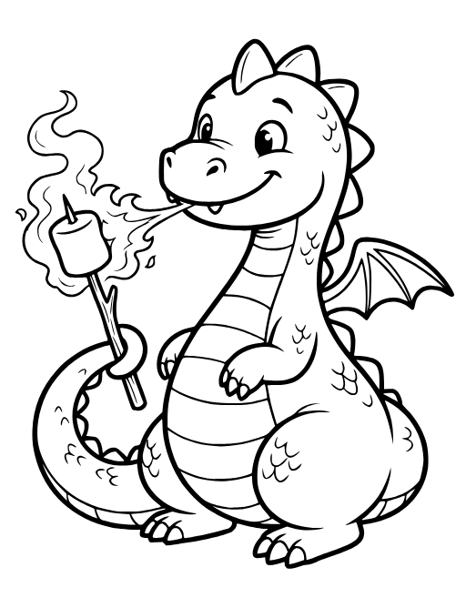 Dragon Roasting a Marshmallow coloring page: A friendly dragon roasting a marshmallow with its breath