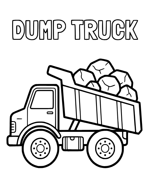 Dump Truck coloring page: A large dump truck filled with rocks