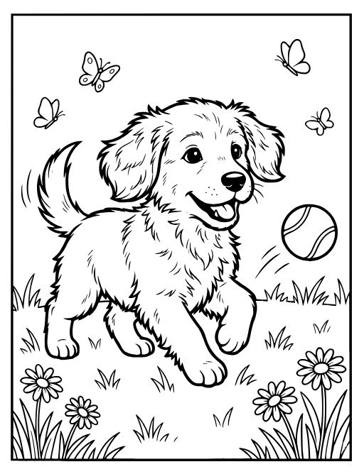 Fluffy Puppy coloring page: A fluffy puppy playing with a tennis ball in the grass