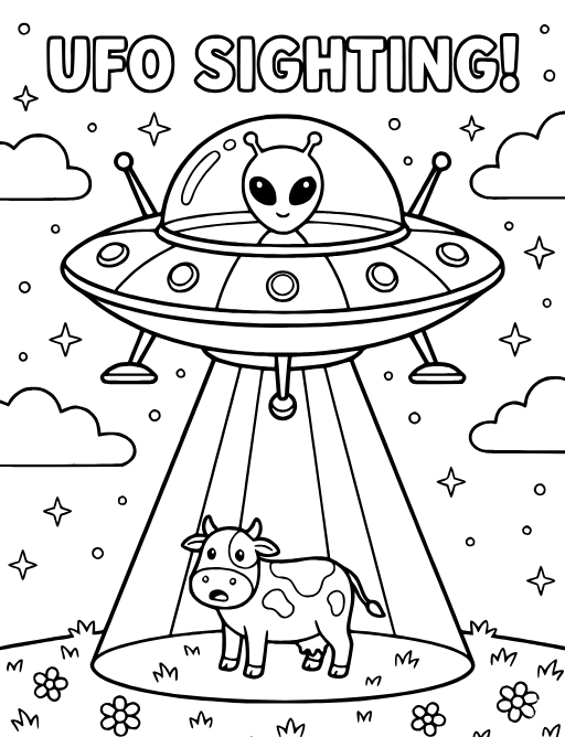 Flying Saucer coloring page: A simple UFO hovering with a light beam.