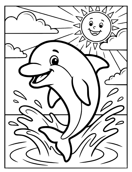 Friendly Dolphin coloring page: A friendly dolphin jumping out of the water with a sun in the background