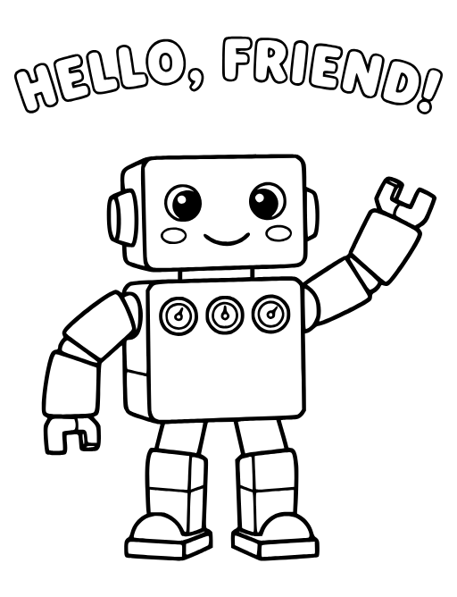 Friendly Robot coloring page: A boxy robot waving hello.
