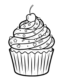 Frosted Cupcake coloring page: A cupcake with swirl frosting and sprinkles.