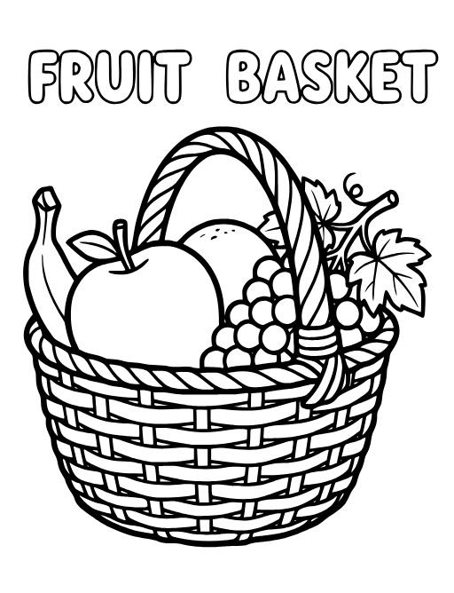 Fruit Basket coloring page: A fruit basket containing an apple, banana, and grapes,