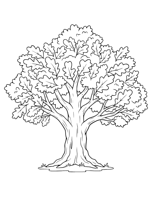 Giant Oak Tree coloring page: A large sturdy tree with a few falling leaves.