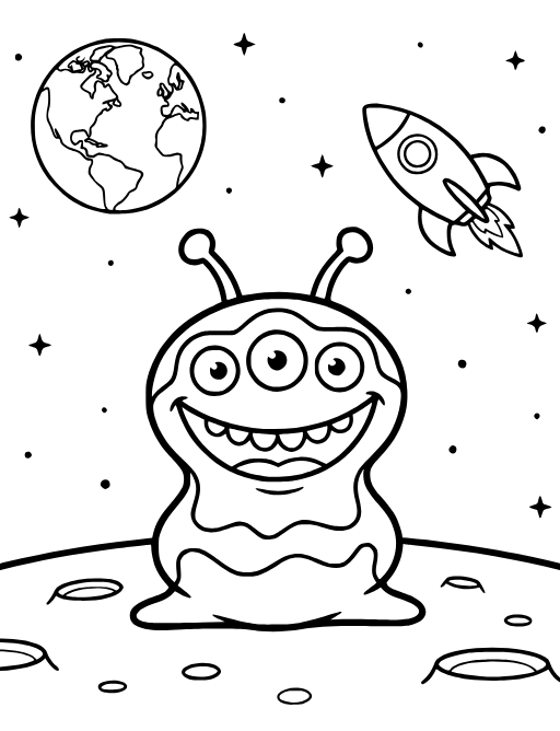 Happy Alien coloring page: A three-eyed alien standing on a planet surface.