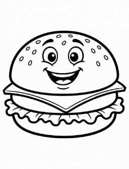 Happy Burger coloring page: A hamburger with eyes and a smile.