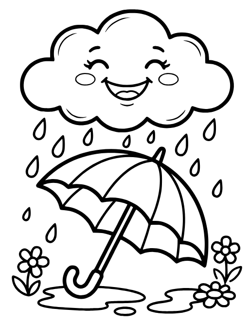 Happy Cloud and Umbrella coloring page: A happy cloud raining onto an umbrella