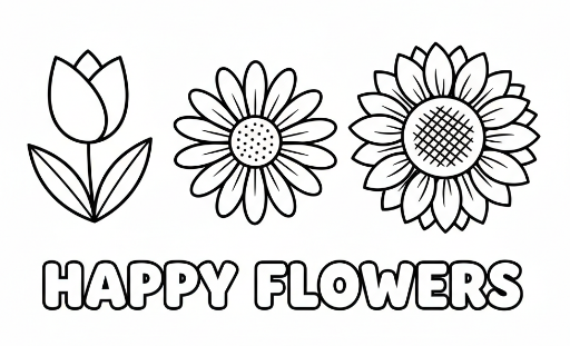 Happy Flowers coloring page: A row of three distinct large flowers.