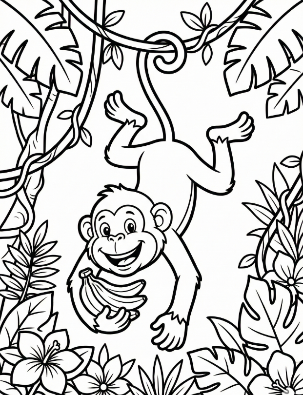 Happy Monkey Hanging coloring page: A happy monkey hanging from a vine with bananas