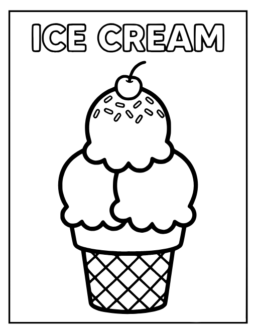 Ice Cream Cone with Sprinkles coloring page: A triple-scoop ice cream cone with sprinkles and a cherry on top