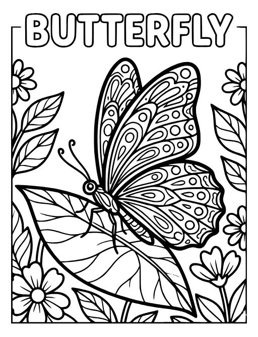 Large Butterfly coloring page: A large butterfly with symmetrical wing patterns resting on a leaf