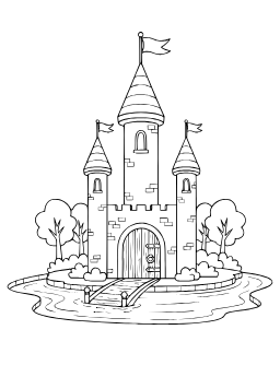 Magical Castle coloring page: A castle with three turrets and a flag.