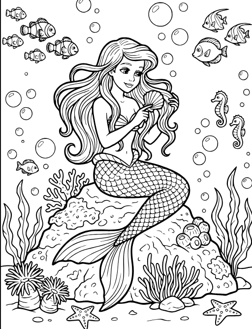 Mermaid Sitting on a Rock coloring page: A mermaid sitting on a rock combing her hair