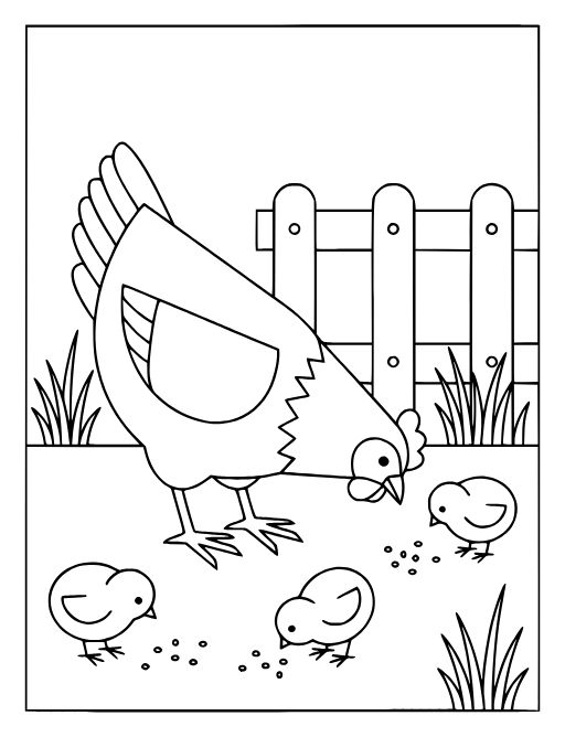 Mother Hen and Baby Chicks coloring page: A mother hen and three baby chicks pecking at seeds