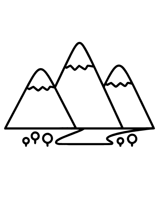 Mountain Peaks coloring page: Three simple triangular mountains with snowy caps.
