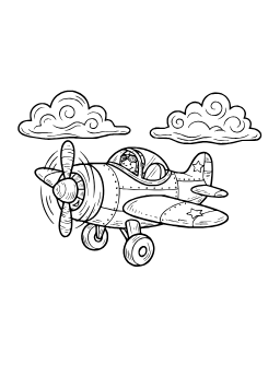 Propeller Plane coloring page: A small airplane flying through clouds.