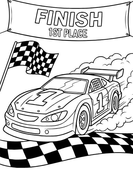 Racing Car Finish Line coloring page: A race car with a number 1 on the side crossing a finish line
