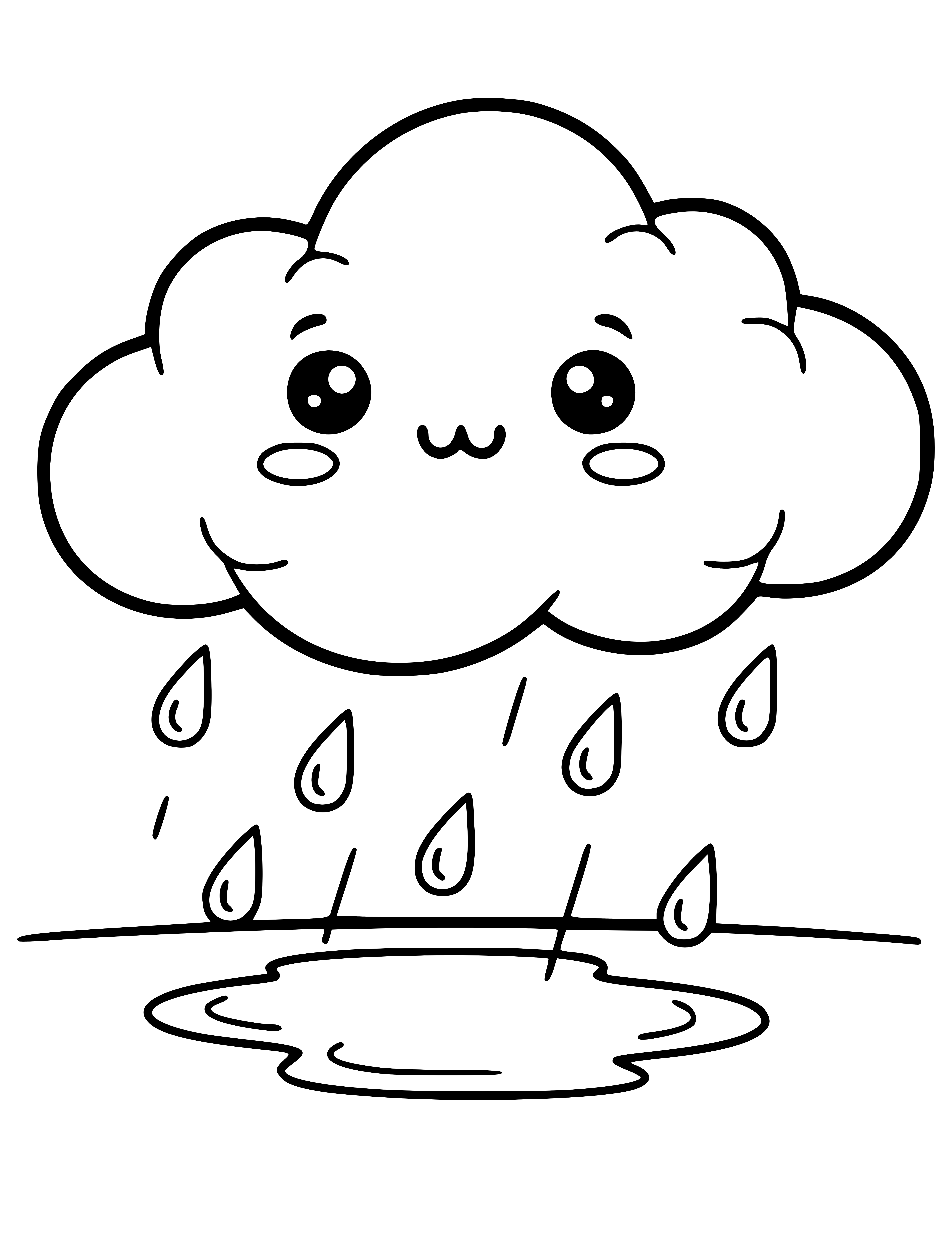 Rainy Cloud coloring page: A cute cloud letting rain fall into a puddle.