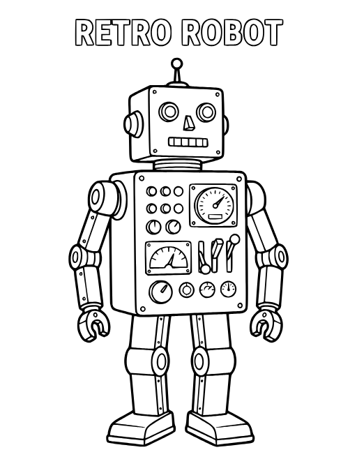 Retro Robot coloring page: A boxy retro robot with buttons and dials
