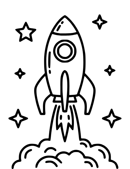 Rocket Ship coloring page: A classic rocket blasting off into stars.