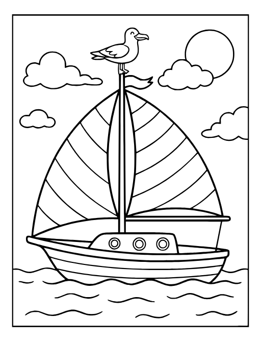 Sailboat with Seagull coloring page: A sailboat on wavy water with a seagull