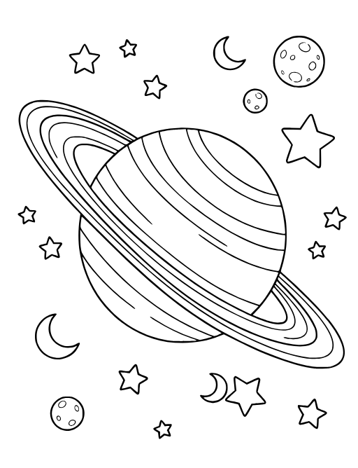 Saturn and Stars coloring page: Saturn with its rings and several stars