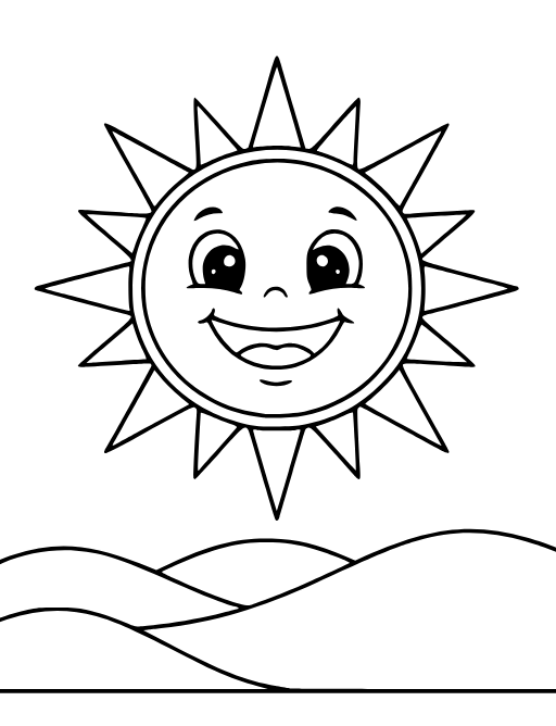Smiling Sun coloring page: A cheerful sun shining down on simple rolling hills.