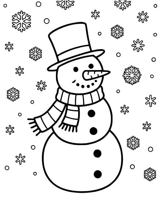 Snowman in a Top Hat coloring page: A snowman wearing a scarf and top hat,