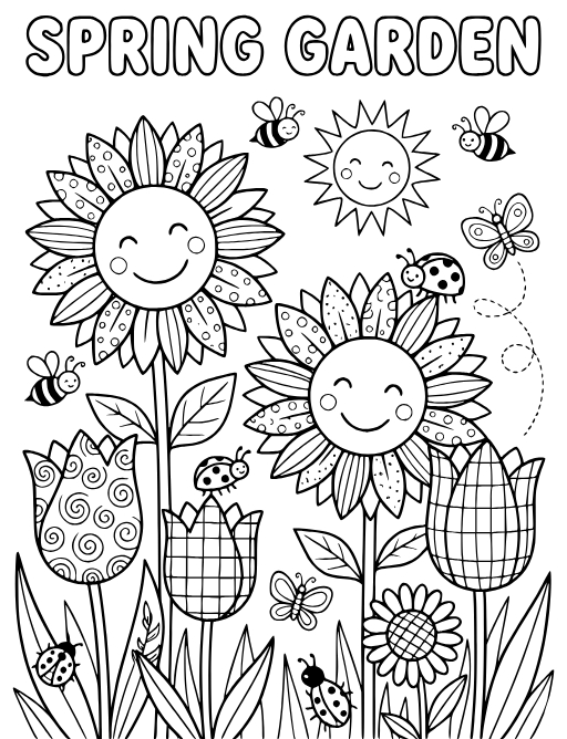 Spring Garden coloring page: Spring Garden with Flowers