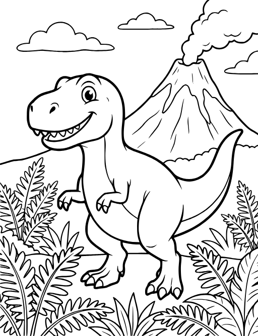 T-Rex Dinosaur Smiling coloring page: A cute T-Rex dinosaur smiling, surrounded by ferns and a volcano
