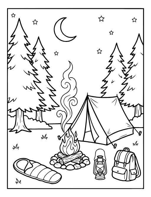 Tent and Campfire coloring page: A tent set up next to a campfire and pine trees