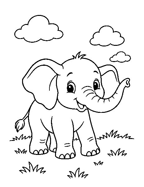 Baby Elephant Meadow coloring page: A cheerful baby elephant enjoys a sunny meadow with clouds and grass.