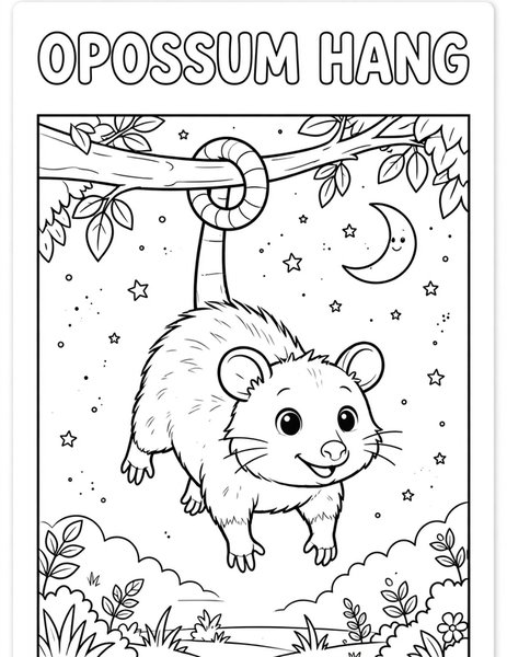 Opossum Hang coloring page: An opossum dangles from a branch.