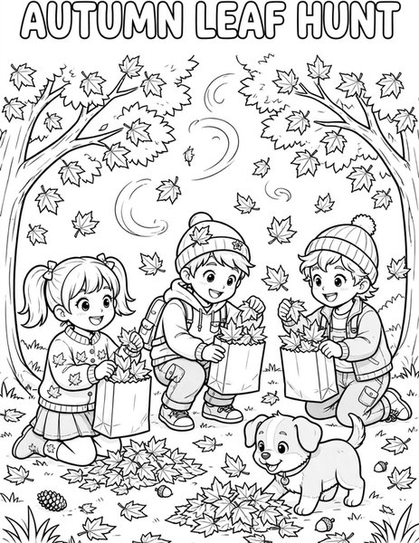 Autumn Leaf Hunt coloring page: Kids collect bright fallen leaves.
