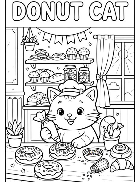 Donut Cat coloring page: A cat decorates donuts.