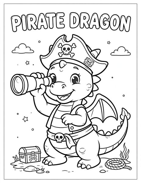 Pirate Dragon coloring page: A cheerful dragon dresses as a pirate.