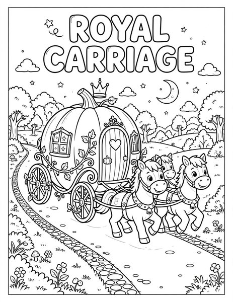 Royal Carriage coloring page: A pumpkin carriage rolls by.