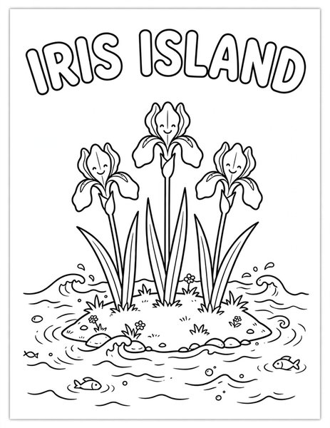 Iris Island coloring page: Irises stand on a tiny island.