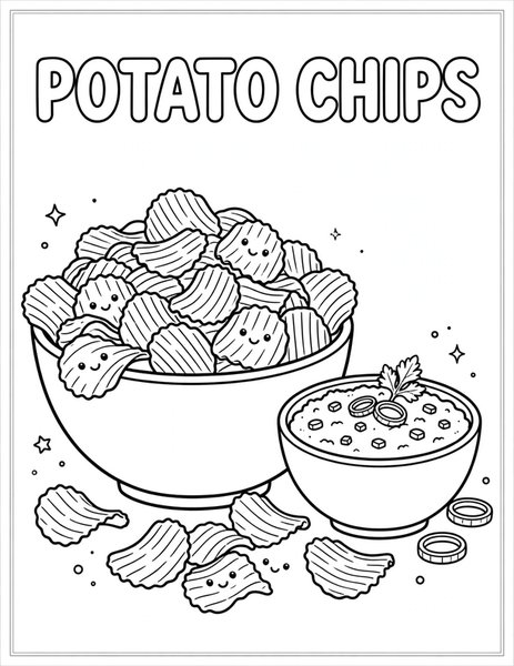 Potato Chips coloring page: A bowl of crunchy chips.