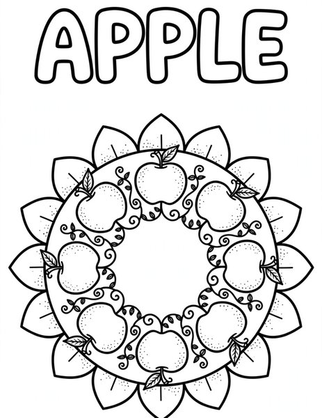 Apple Orchard Mandala coloring page: Apples hang in a perfect ring.