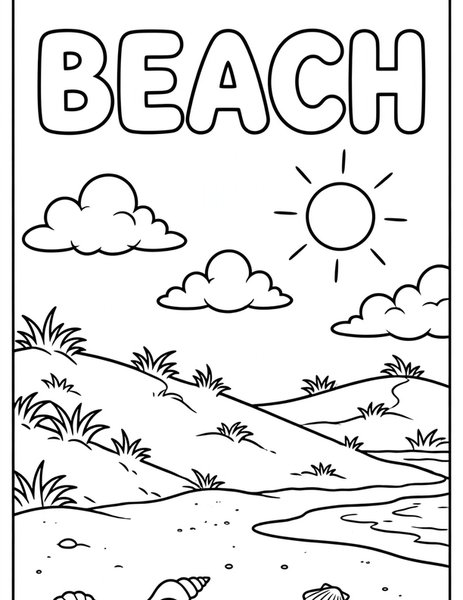 Sandy Beach coloring page: A beach stretches under the sun.
