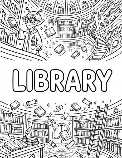 Alien Library coloring page: An alien librarian shelves floating books.