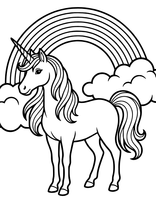 Unicorn Rainbow coloring page: A majestic unicorn standing in front of a rainbow and clouds